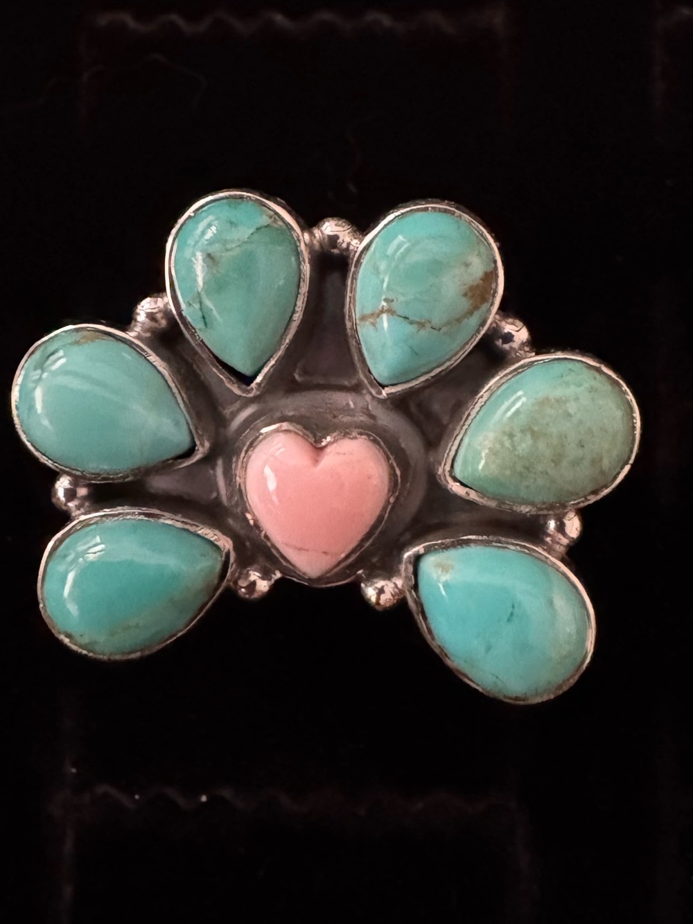 Genuine Kingman Turquoise and‎ Pink conch Heart Sterling silver Flower Ring